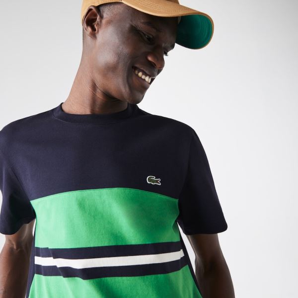 Lacoste Crewneck Striped Cotton T-shirt Pánské - Tričko Tmavě Blankyt Blankyt / Zelene / Béžový | CZ